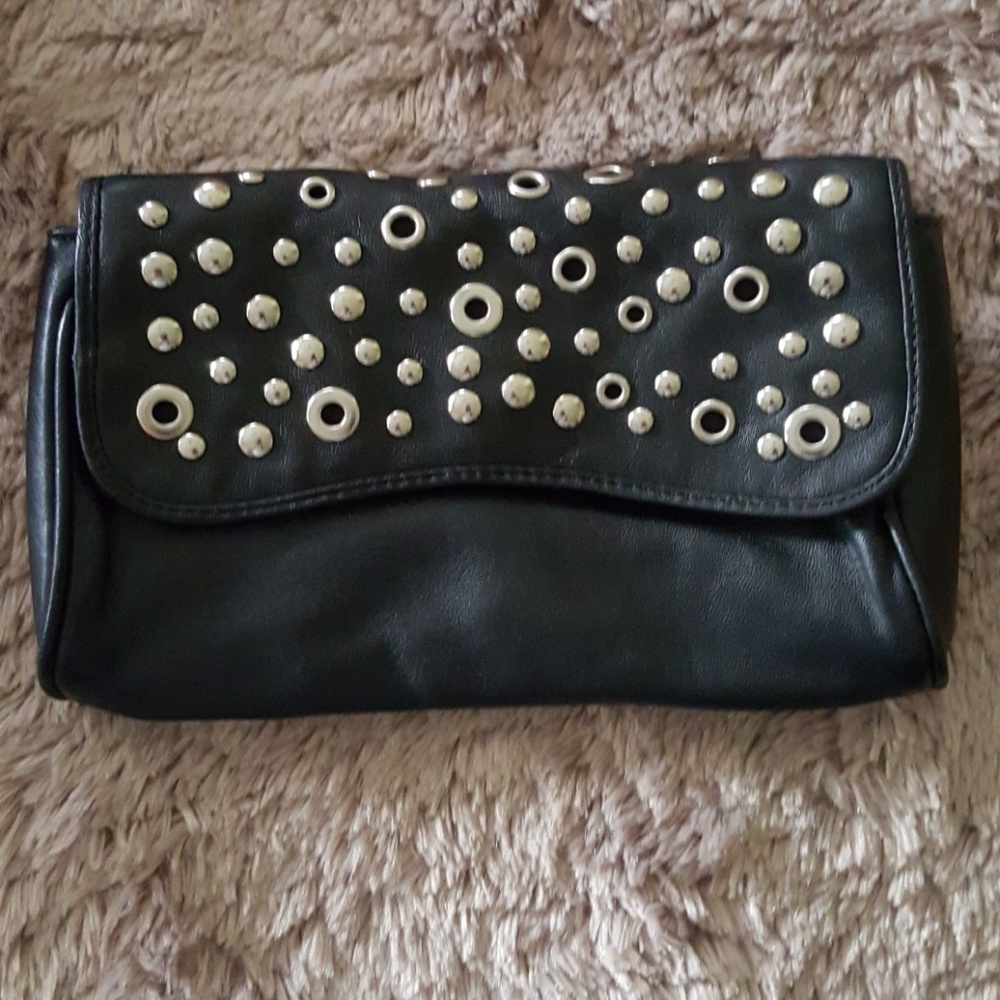 Express small black clutch with silver detail.